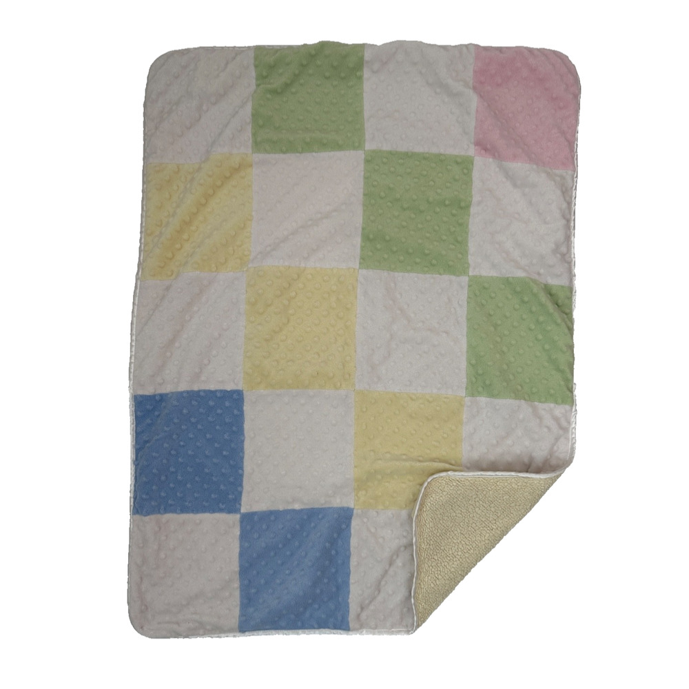 Just Born Pastel Patchwork Baby Blanket Squares Sherpa Minky Dot Yellow Blue